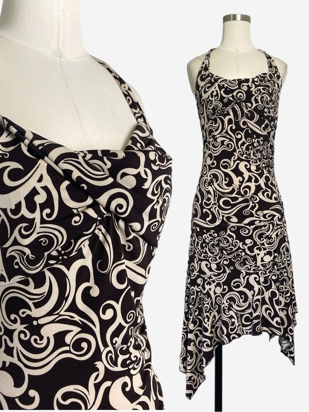 Vintage Y2K Ruby Rox brown tan abstract swirl ruched asymmetric halter dress S